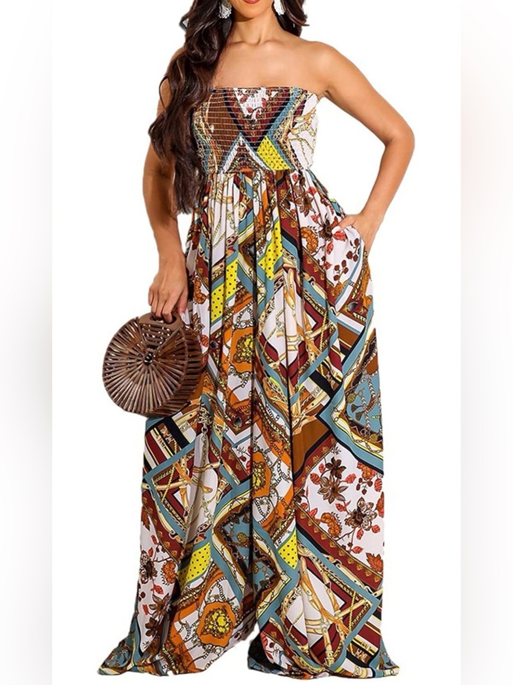 Printed Strapless Jumpsuit in Teal, Rust & Cream with pockets